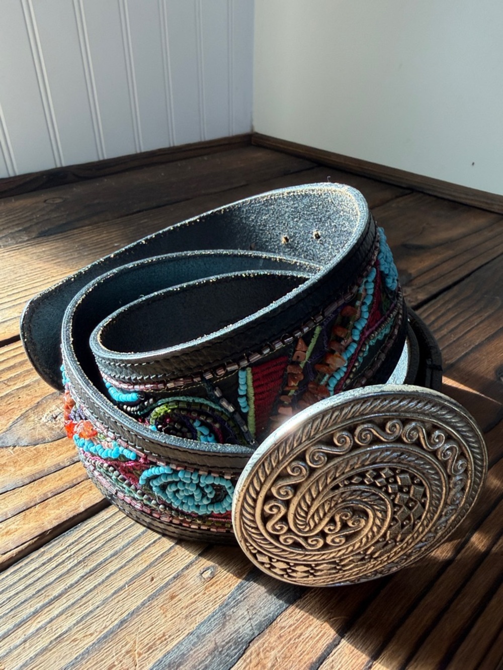 Chico’s Embellished Beaded Leather Belt with Ornate Silver Buckle